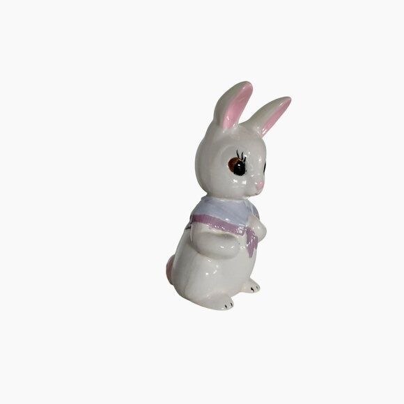 Ceramic Bunny Rabbit Figurine, Lavender Scarf & Pink Ears, Vintage Easter Decor - Picture 4 of 9